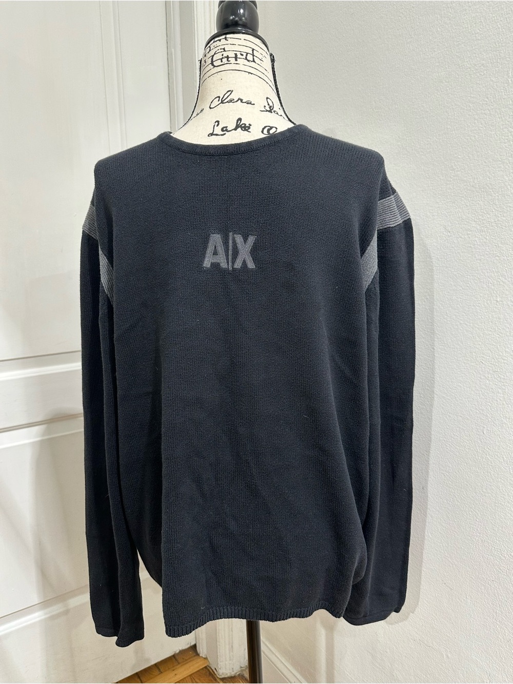 Armani Exchange Black Crewneck Sweater with Gray Logo Stripes